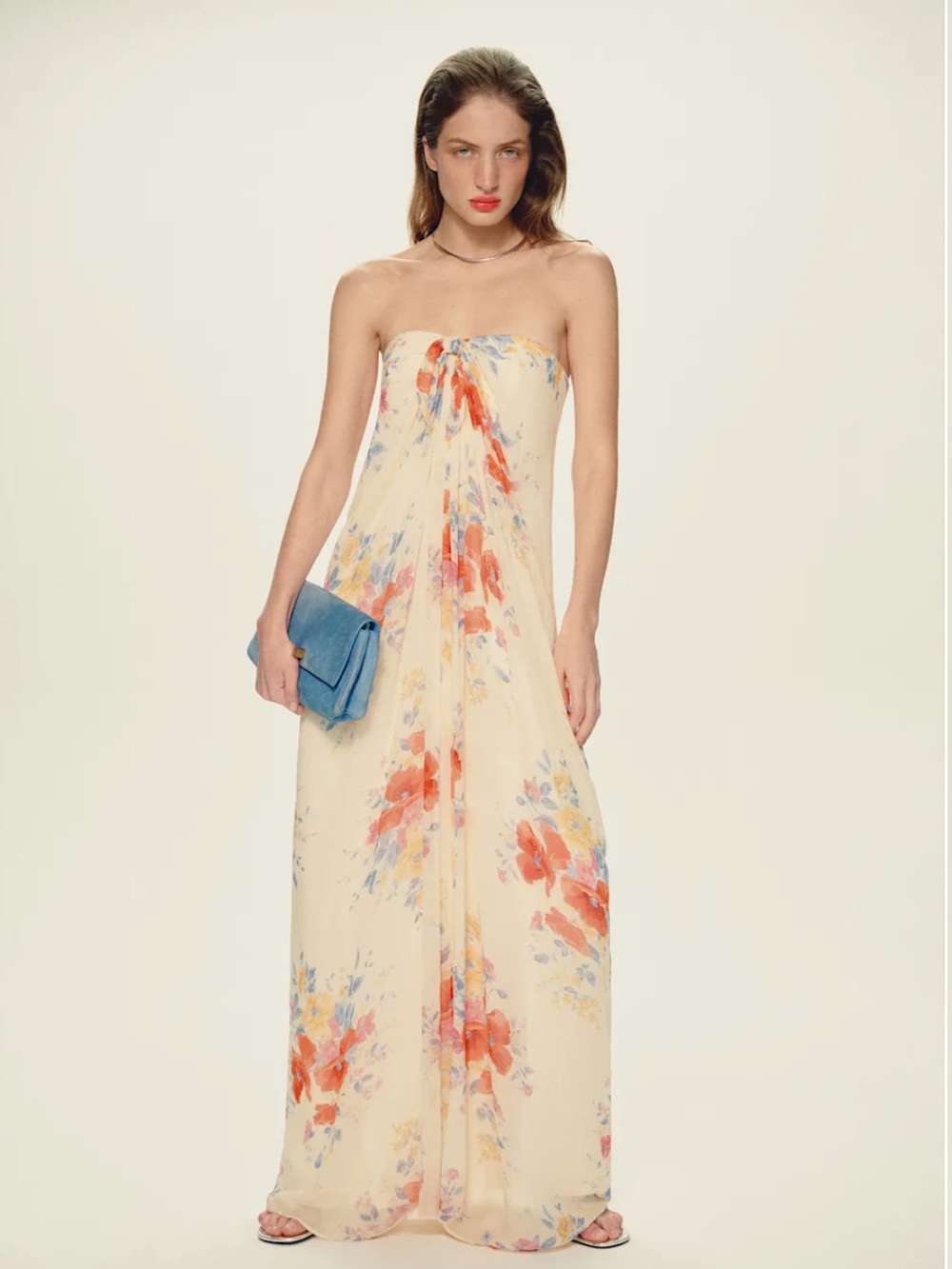 Reformation Strapless Floral Maxi Dress — Cream with Coral & Blue